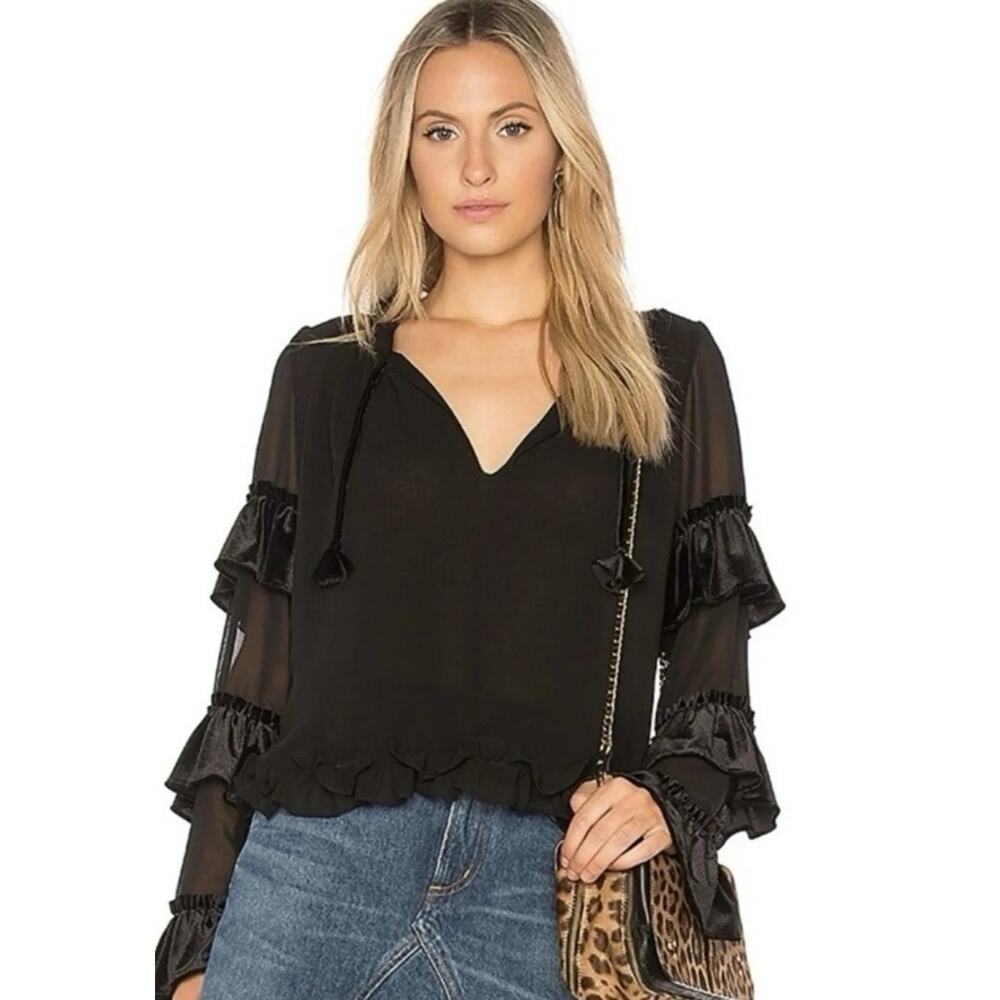 Misa Emeline Black Ruffle Velvet Trim Flowy Top Blouse Large